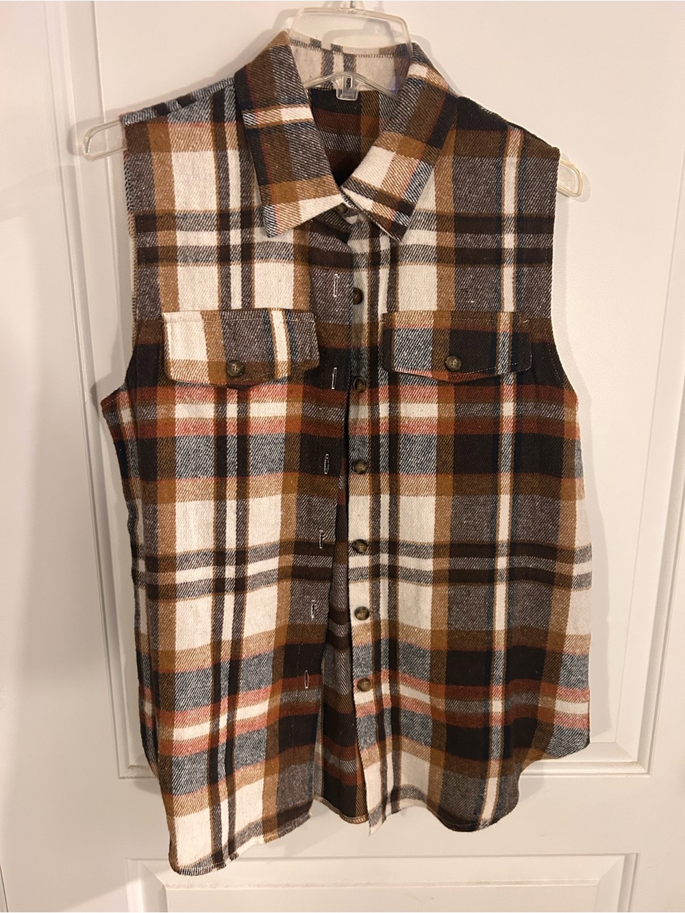 Sleeveless Plaid Button-Front Shirt - Brown, Cream & Gray